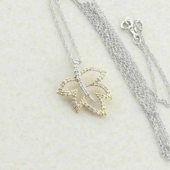 14k White Gold and Yellow Gold Diamond Necklace Leaf Necklace 18 inch chain - Picture 1 of 7